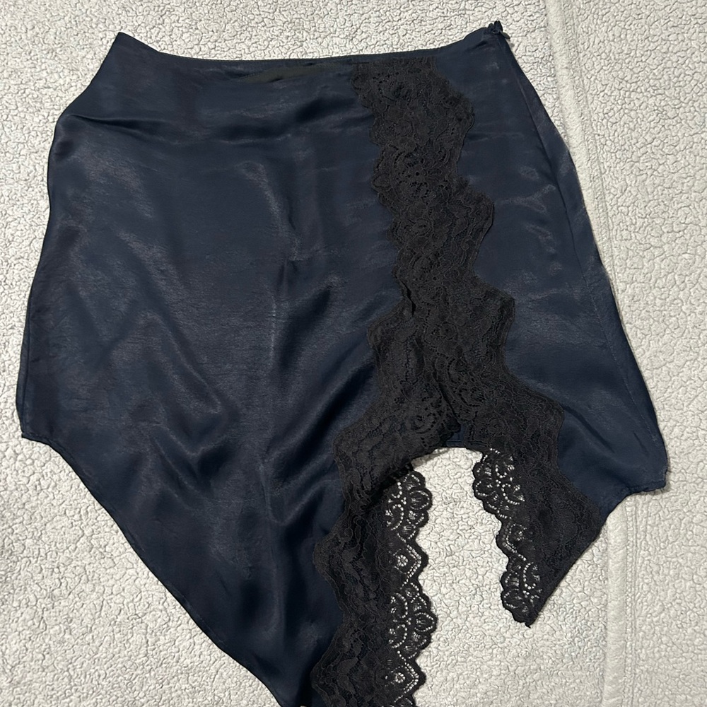 Zara Navy Satin Skirt with Black Lace Accent